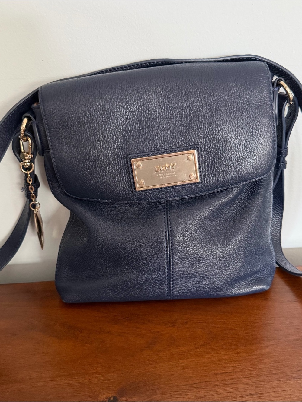 DKNY Navy Blue Pebbled Leather Flap Crossbody Bag Gold Logo Hardware Accent